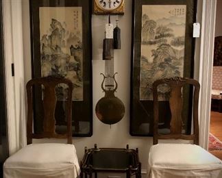 Set of six hand carved dining chairs custom made from Spain, antique Comtoise clock, pair of Asian original paintings on silk, in custom frames, Baker side table 