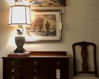 Original oil on canvas by Sylvia Winslow, dates 1949, of the Southwest Landscape, original watercolor by Eliot O’Hara of Paris, Baker mahogany sideboard 