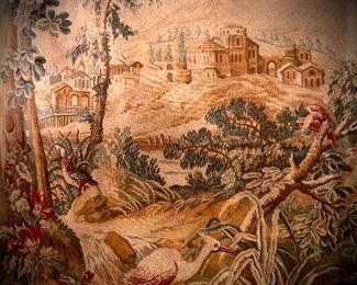 Fabulous monumental tapestry measuring 6 feet high by 6 1/2 feet wide, complete with custom velvet tabs top and bottom for hanging. 