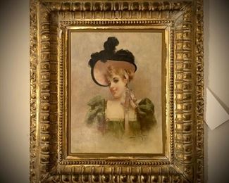 Antique oil on board by Alberto M. LaMonaca, Italian, 1862-1936, painted in Paris; original gold leafed frame 