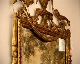 LaBarge vintage gold leafed Chippendale style mirror detail, reflecting a tapestry of a European landscape. Mirror measures 47” x 23”, tapestry measures 61” x 38”