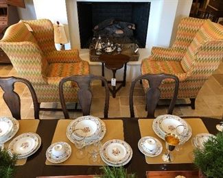 Pair of Shaw wing back arm chairs with Greeff flame stitched fabric