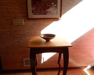 A VERY COOL ARTIST MADE TABLE WITH INLAID PEAR TOP.--LOVE THE LEGS!        SOLD