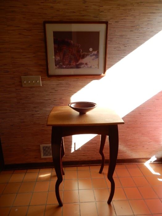 A VERY COOL ARTIST MADE TABLE WITH INLAID PEAR TOP.--LOVE THE LEGS! SOLD