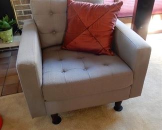 A PAIR OF GREY TUFFED BACK CHAIRS $250 EACH  