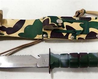 Fixed Blade Survival Knife, 4.75" Blade, Camo Design, In Sheath
