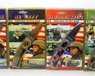 US Military Folding Knife Collection, Knives Represent Army, Navy, Air Force And Marines, Total Qty 4, All NIB
