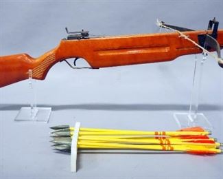 Crossbow, Wood Stock, Unmarked And 7 Broadhead Bolts
