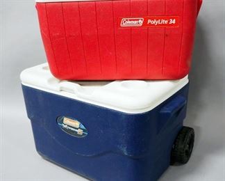 Coleman Xtreme5 Cooler (Wheels Need To Be Re-Attached) And Coleman PolyLite 34 Cooler
