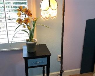 Floor lamp, small accent table and faux floral