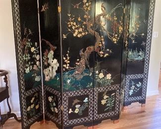 We have a large amount of Beautiful Chinese + Japanese pieces including this Fabulous  6 Panel Chinese Lacquer Screen with MOP inlay along with Jade + Hardstone Birds Prunus Florals an Exceptional Piece . . .  . Closeups to follow . . . . 