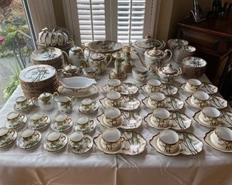 Beautiful Set of 1950's Japanese Soko  Hand Painted Bamboo Satsuma China Heavy Gilt incl.  25pc Demitasse set + 27pc Snack Tea Set + 88 pc.  China plus Gravy Boat / Cov. Veg / 2 Oval Bowls / 2 Platters + Candlesticks  Gorgeous set!
