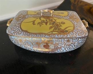 Pretty Japanese Signed Satsuma Covered 3 handle box.
