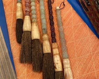 Lrg Calligraphy Horsehair Brushes bone + hardstone carved handles set of 5 in Case.