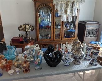 glass, pottery, china, Edison diamond phonograph that works, slag glass lamp, Mersman drum table