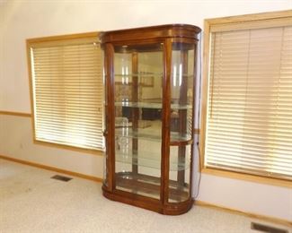 Large Wood Beveled Glass Lighted and Mirrored Curio Cabinet
