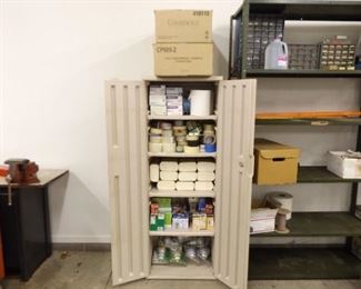 Rubbermaid Cabinet Filled with Gloves, Lightbulbs, Supplies etc.
