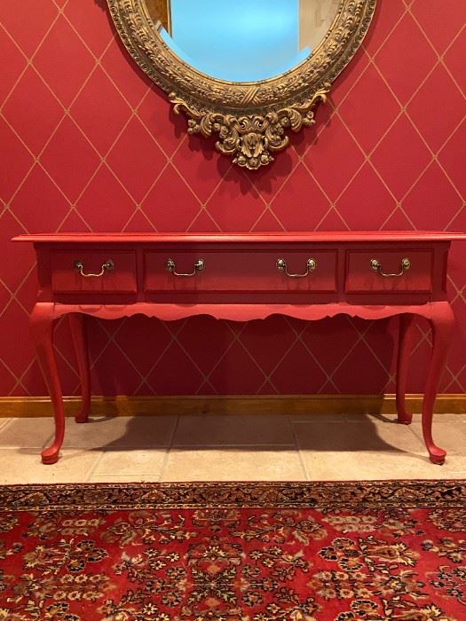 Thomasville American Oak Sofa Table: 27"H x 51"W x 17"D. Mirror and rug also available to complete this look!