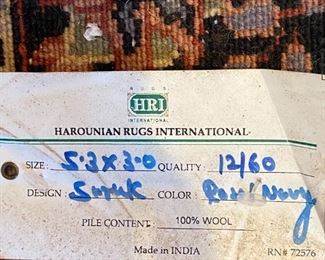 Harounian Rugs International: 100% Wool rug, made in India (12/60) : 5.3'L x 3.0'W