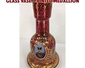 Lot 8 Bohemian Cased Cranberry Glass Vase. Painted medallion 