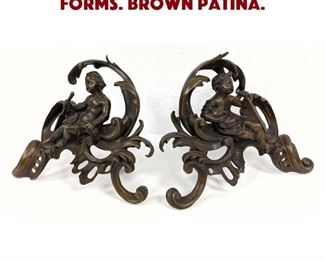 Lot 11 Pr Bronze Chenets Cherub Forms. Brown patina.