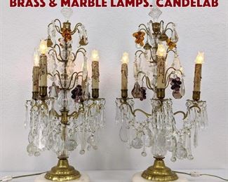 Lot 28 Pr Antique Fancy Crystal Brass Marble Lamps. Candelab