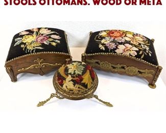 Lot 67 3 pc Needlepoint Top Foot Stools Ottomans. Wood or meta