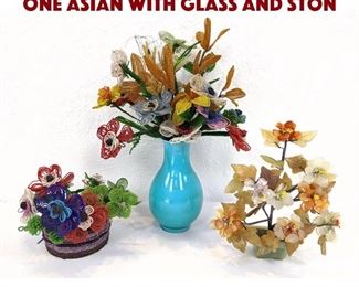 Lot 85 3pc Floral Sculpture Lot. One Asian with glass and ston