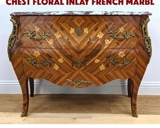 Lot 92 French Marble top Bombe Chest Floral Inlay French Marbl
