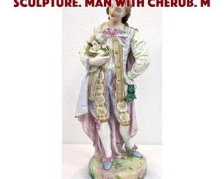 Lot 94 Lg Painted Bisque Figural Sculpture. Man with Cherub. M
