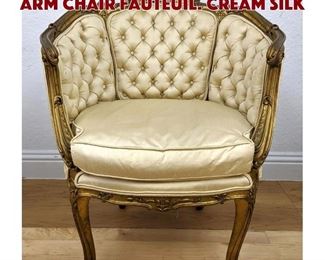 Lot 113 Carved French Gilt Wood Arm Chair Fauteuil. Cream silk