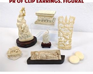 Lot 126 8pc Asian Carved Figures. Pr of clip earrings. Figural
