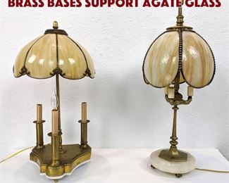 Lot 153 2 Vintage Table Lamps. Brass bases support agate glass