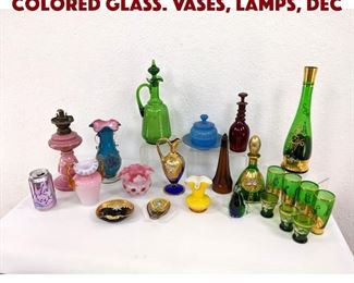 Lot 159 22pc Mixed Lot Vintage Colored Glass. Vases, lamps, dec