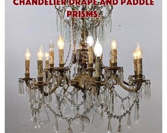 Lot 180 Lg Crystal Brass Chandelier Drape and Paddle Prisms.