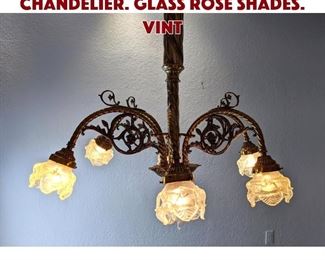 Lot 183 Vintage Brass 6 Arm Chandelier. Glass rose shades. Vint