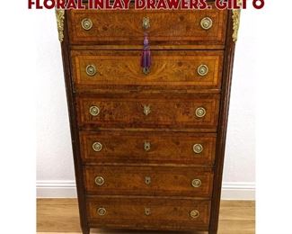 Lot 190 French Tall Dresser Chest. Floral inlay drawers. Gilt o