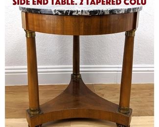 Lot 201 Black Figured Marble Top Side End Table. 2 tapered colu