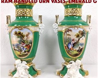 Lot 207 Pr Old Paris Porcelain Ram Handled Urn Vases. Emerald g