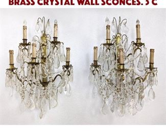 Lot 221 Pr Wall Mounted Antique Brass Crystal Wall Sconces. 5 c