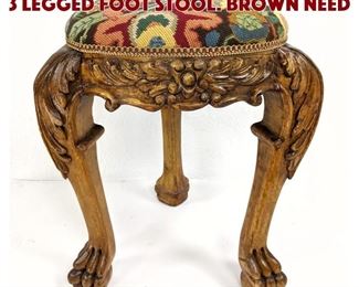 Lot 249 Carved Wood Needlepoint 3 Legged Foot Stool. Brown need