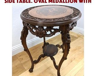 Lot 253 Antique Inlaid Oval Top Side Table. Oval medallion with