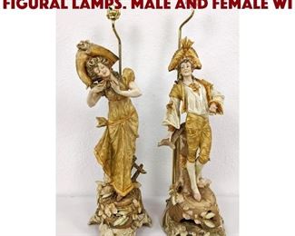 Lot 273 Pr 31.5 Tall Pottery Figural Lamps. Male and female wi