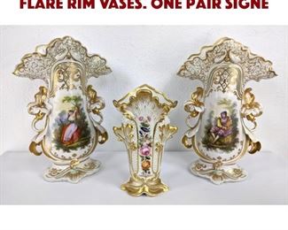 Lot 311 3pc Old Paris Porcelain Flare Rim Vases. One pair signe