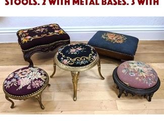 Lot 316 5pc Needlepoint Foot Stools. 2 with metal bases. 3 with