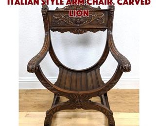 Lot 323 Carved Savonarola Italian style Arm Chair. Carved lion 