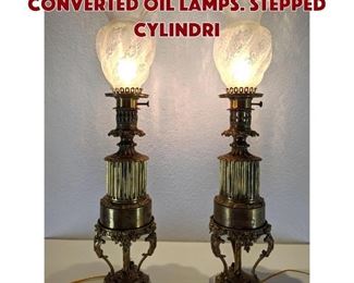 Lot 380 Pr FONTAINE Brass Converted Oil Lamps. Stepped cylindri