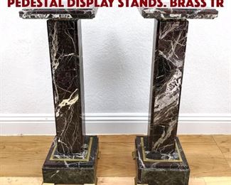 Lot 381 Pr Dark Veined Marble Pedestal Display Stands. Brass tr