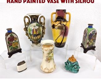 Lot 407 7pc European Pottery Lot. Hand painted vase with silhou