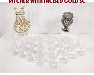 Lot 428 Crystal Glass Lot. Crystal pitcher with incised gold sc